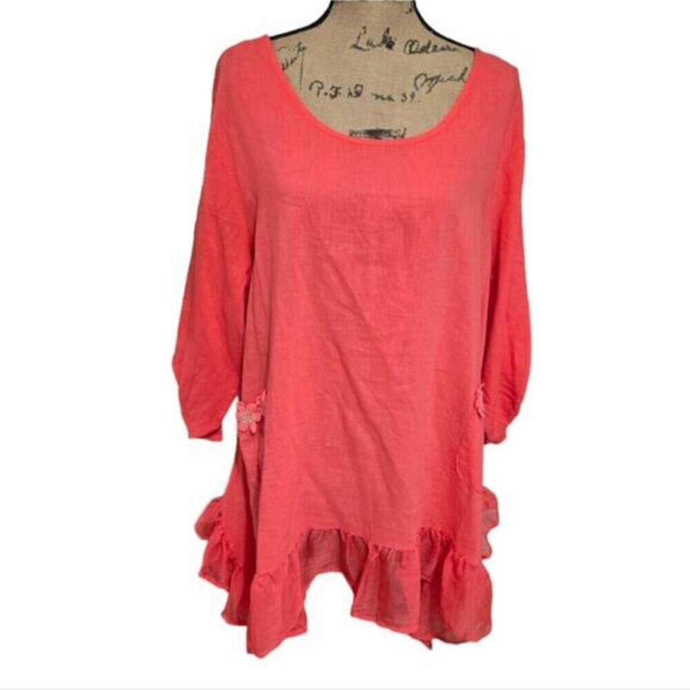Kaktus Coral Pink Linen Blend Ruffle Hem Tunic Top XXL Boho Floral Applique NEW